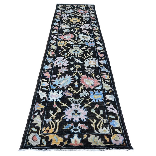 Raisin Black, Hand Knotted, Wool Foundation, Afghan Angora Oushak, Natural Dyes, Rural Motifs All Over Design, Runner Oriental 