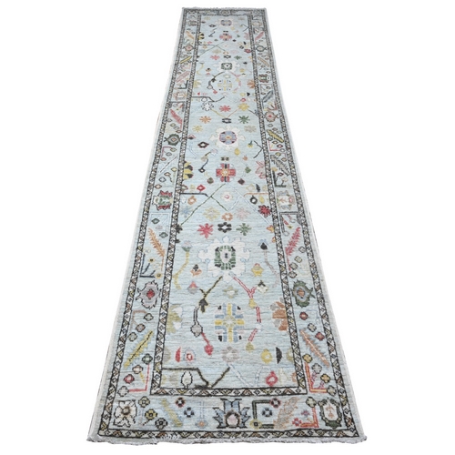 Powder Blue, Wool Weft With Village Motifs All Over Design, Hand Knotted, Vegetable Dyes, Afghan Angora Oushak, Runner Oriental 