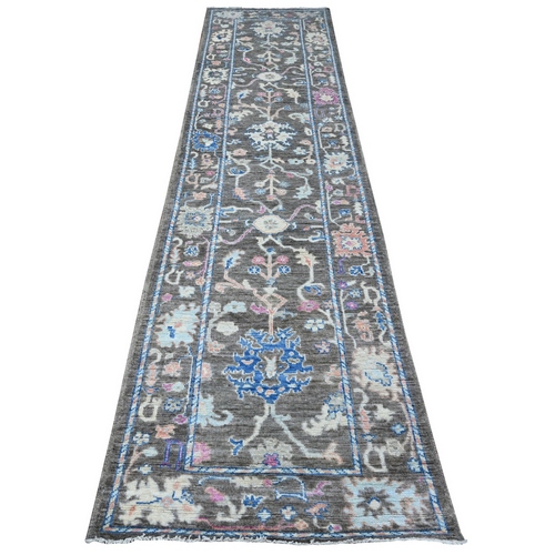 Nickel Gray, Natural Dyes, Hand Knotted, Soft Wool Weft, Tribal Flower And Leaf All Over Design, Angora Oushak, Runner Oriental 