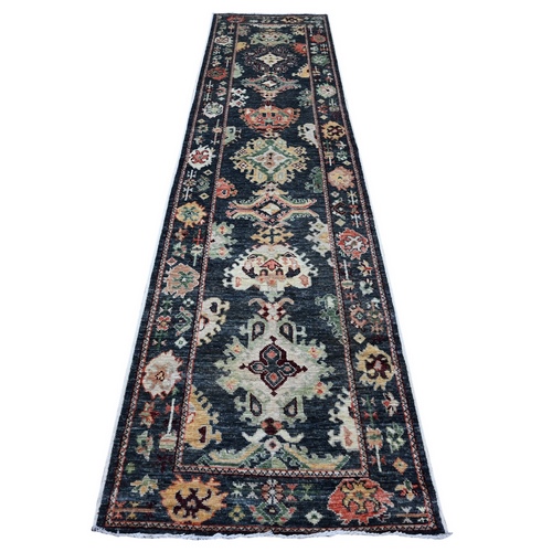 Charcoal Black, Natural Dyes, Hand Knotted, Wool Weft With Rural Medallions All Over Design, Afghan Angora Oushak, Runner Oriental 