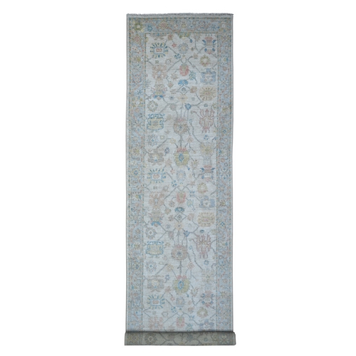 Cadet Gray, Hand Knotted, All Over Village Motifs, Natural Dyes, Afghan Angora Oushak, Wool Weft, Wide Gallery Runner Oriental 