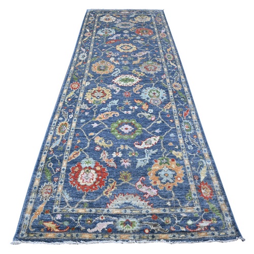 Denim Blue, Wool Weft, Vegetable Dyes, Hand Knotted, Tribal Flower And Leaf All Over Design, Afghan Angora Oushak, Runner Wide Gallery Oriental 