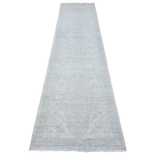 Chantilly Lace White, Hand Knotted Pure Wool, Washed Out Fine Peshawar All Over Design, Runner Oriental 