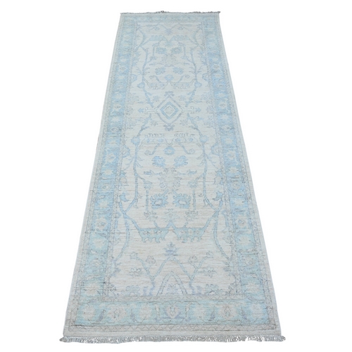Nebulous White and Baby Blue, Hand Knotted Washed Out Runner With All Over Design, Organic Wool, Fine Peshawar Oriental 