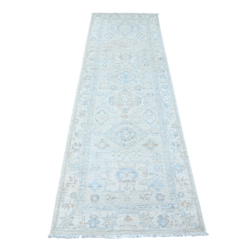 Popular Gray and Origami White, Hand Knotted Shiny Wool, Washed Out Peshawar Runner With Karajeh Design, Oriental 