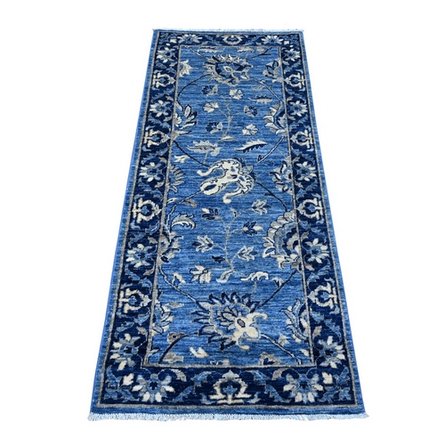 Yale and Denim Blue, Hand Knotted Natural Dyes, Fine Peshawar Mahal All Over Scrolls and Veins Design, 100% Wool, Runner Oriental Rug