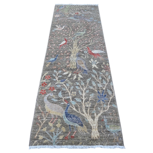 Manatee Gray, Afghan Peshawar Birds of Paradise, All Wool, Hand Knotted Tree of Life Design, Vegetable Dyes, Runner Oriental 