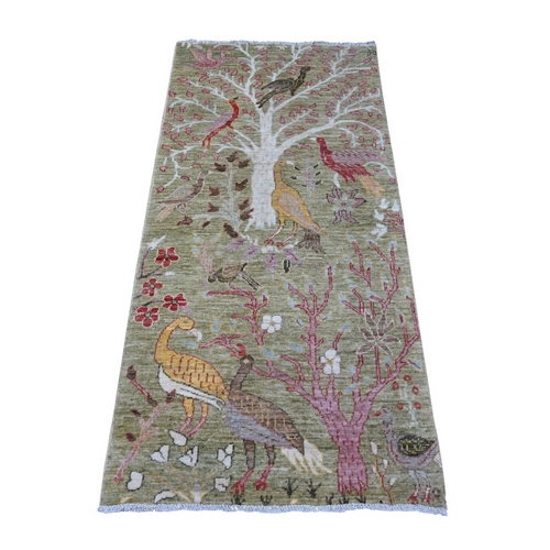 Laurel Green, Birds of Paradise Design, Natural Wool, Hand Knotted Natural Dyes, Afghan Peshawar, Runner Oriental 