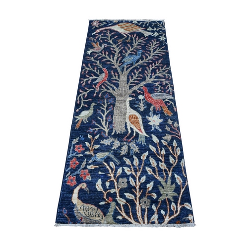 Yale Blue, Birds of Paradise Design, Hand Knotted Afghan Peshawar, Vegetable Dyes, Extra Soft Wool, Runner Oriental 