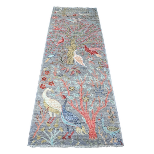 Cadet Gray, 100% Wool, Natural Dyes, Afghan Peshawar, Hand Knotted Birds of Paradise Design, Abrash, Runner Oriental Rug