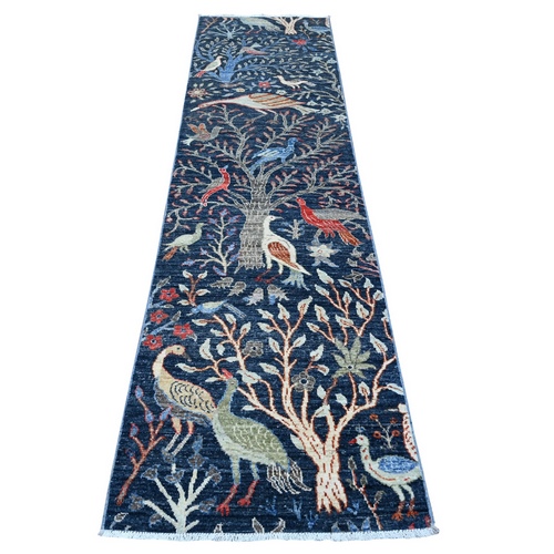 Oxford Blue, Vegetable Dyes, 100% Wool, Afghan Peshawar with Birds of Paradise, Hand Knotted, Runner Oriental 