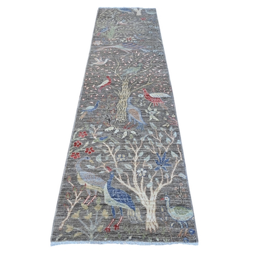 Shingle Gray, Birds of Paradise Design, Afghan Peshawar, Pure Wool, Natural Dyes, Hand Knotted, Abrash, Runner Oriental 