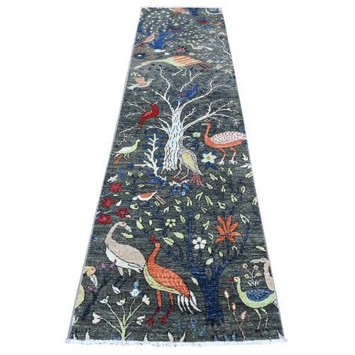 Graphite Gray, Afghan Peshawar With Birds of Paradise Design, Hand Knotted Natural Wool, Vegetable Dyes, Runner Oriental 