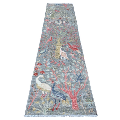 Stardew Gray, Vegetable Dyes, Hand Knotted, Vibrant Wool, Afghan Peshawar With Birds of Paradise Design, Runner Oriental 