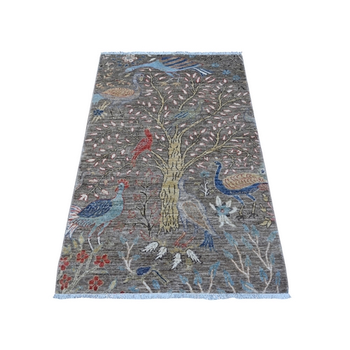 Elephant Gray, Afghan Peshawar With Birds of Paradise Design, Vegetable Dyes, Hand Knotted, Soft and Velvety Wool, Oriental Rug