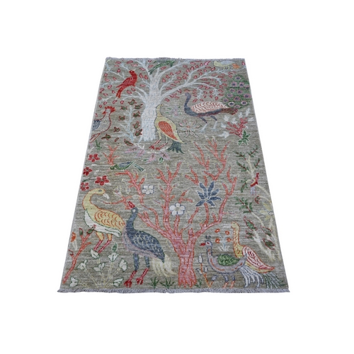 Trout Gray, Hand Knotted Vegetable Dyes, Natural Wool, Tree Of Life, Birds of Paradise Design, Afghan Peshawar Oriental Rug