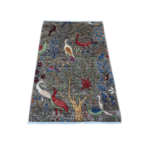 Thunder Gray, Vegetable Dyes, 100% Wool, Birds of Paradise Tree of Life Afghan Peshawar, Hand Knotted, Oriental Rug