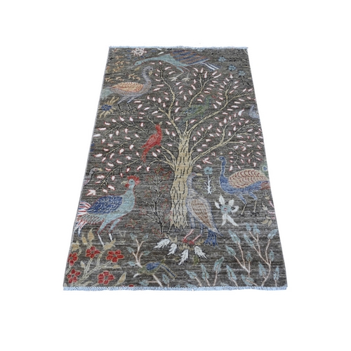 Seal Gray, Soft and Velvety Wool, Abrash, Afghan Peshawar With Birds of Paradise Tree Of Life Design, Hand Knotted, Vegetable Dyes, Oriental Rug