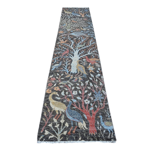 Gunmetal Gray, Vegetable Dyes Natural Wool, Hand Knotted, Colorful Birds of Paradise Design, Afghan Peshawar,  Runner Oriental 