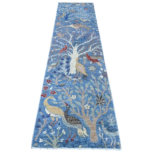 Atlantic Blue, Hand Knotted Vegetable Dyes, Natural Wool, Afghan Peshawar With Birds of Paradise Design, Runner Oriental 