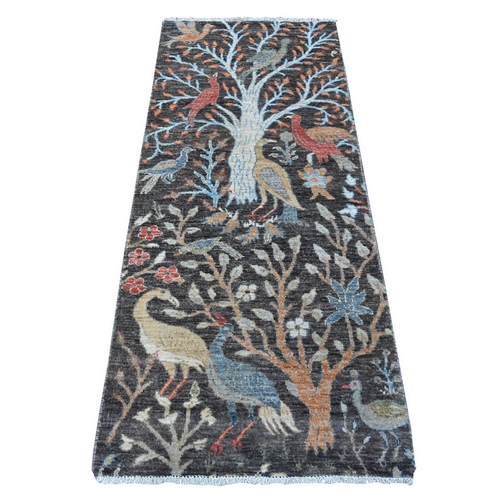 Jet Gray, Borderless, Birds of Paradise, Hand Knotted, Afghan Peshawar, Natural Dyes 100% Wool, Runner Oriental Rug
