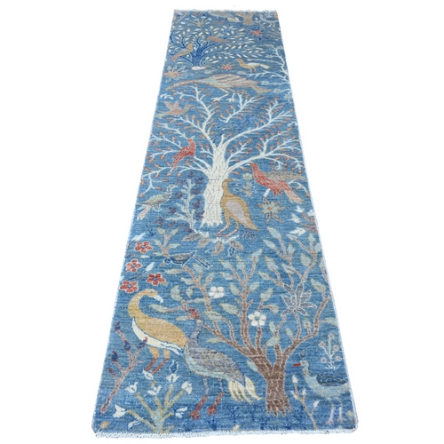 Atlantic Blue, Hand Knotted Vegetable Dyes, Natural Wool, Afghan Peshawar With Birds of Paradise Design, Runner Oriental 