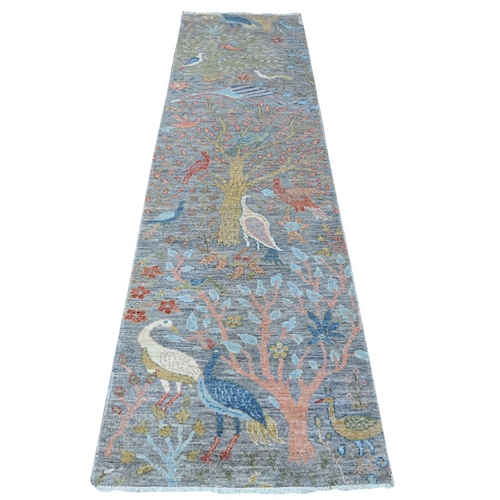 Jubilee Gray, Afghan Peshawar with Birds of Paradise Design, Natural Dyes, Soft and Vibrant Wool, Hand Knotted, Runner Oriental Rug