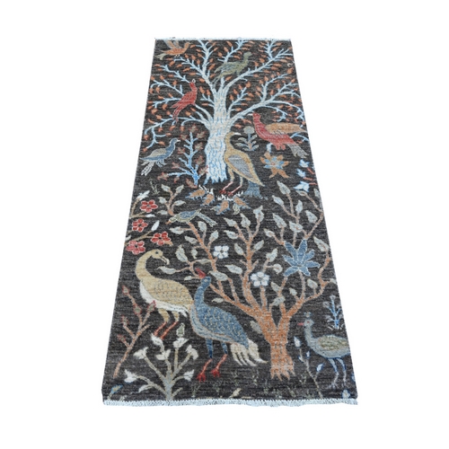 Eigengrau Gray, Afghan Peshawar With Birds of Paradise, Pure Wool, Hand Knotted, Vegetable Dyes Runner Oriental Rug