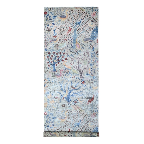 Gainsboro Gray, Soft Wool, Afghan Peshawar with Birds of Paradise, Hand Knotted, Vegetable Dyes, Gallery Size Runner, Oriental 