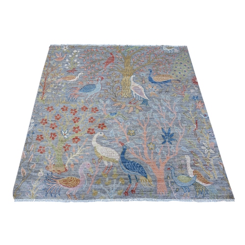 Amsterdam Gray, Hand Knotted Afghan Peshawar with Birds of Paradise, Vegetable Dyes Natural Wool, Square Oriental 
