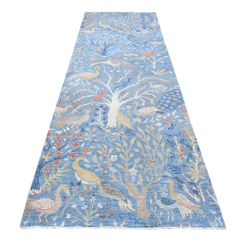Cadet Blue, Natural Dyes Extra Soft Wool, Hand Knotted Afghan Peshawar with Birds of Paradise, Wide Runner Oriental Rug