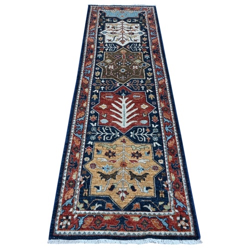 Marine Blue and Vermilion Red Border, Fine Aryana Caucasian Akstafa Design, Hand Knotted Shiny Wool, Runner Oriental Rug