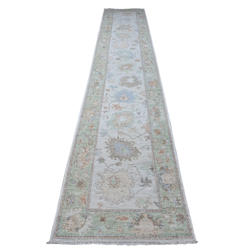 Timberwolf Gray, Tribal Flower And Leaf Pattern All Over, Afghan Angora Oushak, Wool Weft, Hand Knotted, Natural Dyes, XL Runner Oriental 