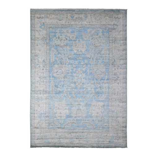 Argentina Blue, Natural Dyes With All Over Rural Floral Design, Hand Knotted Angora Oushak, Wool Weft, Oriental 