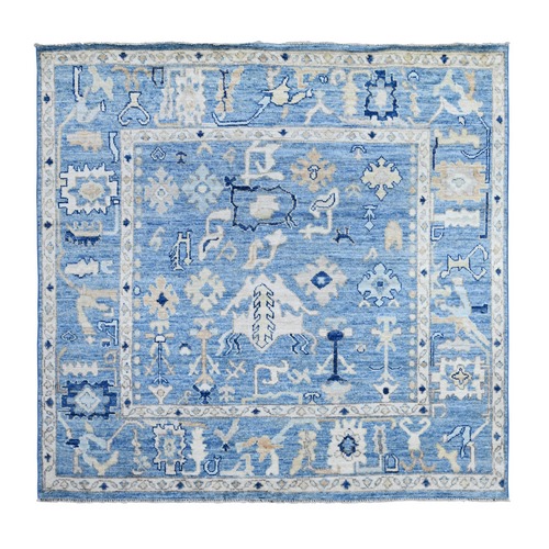Ruddy Blue, Afghan Natural Dyes, Wool Weft, Hand Knotted, Tribal Elements All Over Design, Angora Oushak, Square Oriental 