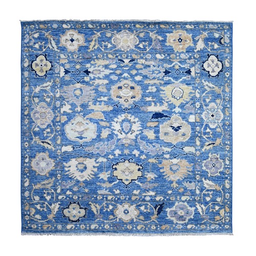 Bayern Blue, Afghan Angora Oushak, Hand Knotted, Vegetable Dyes, Wool Foundation, Rural Flower Elements All Over Design, Square Oriental 
