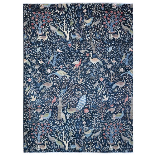 Marine Blue, Afghan Peshawar With Birds of Paradise Tree Of Life Design, Vibrant Wool, Hand Knotted, Borderless Natural Dyes, Oriental Rug