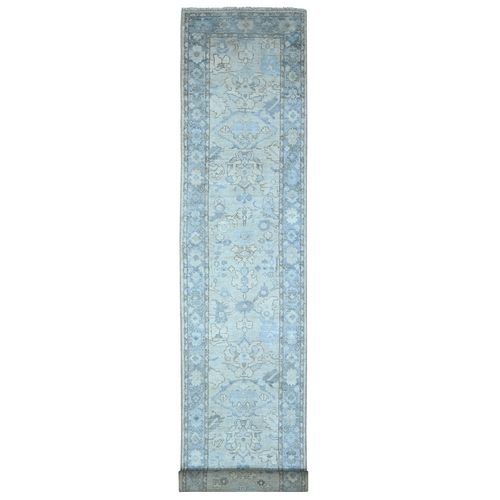 Powder Blue, Soft Afghan Wool Weft, Hand Knotted, Angora Oushak, Natural Dyes, Tribal All Over Flower And Leaf Design, XL Runner Oriental 