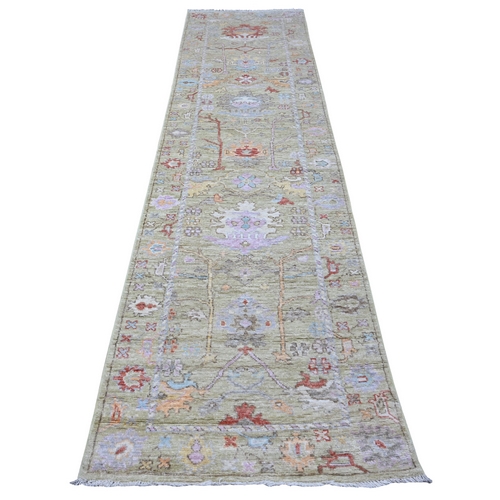 Olive Green, Afghan Wool Weft, Natural Dyes With Vibrant Village Flower And Tree Design, Hand Knotted Angora Oushak, Runner Oriental 