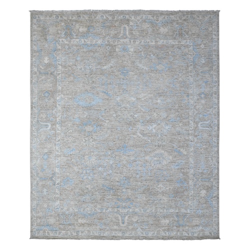 Sea Gray, Hand Knotted Angora Oushak, Soft Pile, Wool Weft, Vegetable Dyes, Rural Floral All Over Design, Oriental 