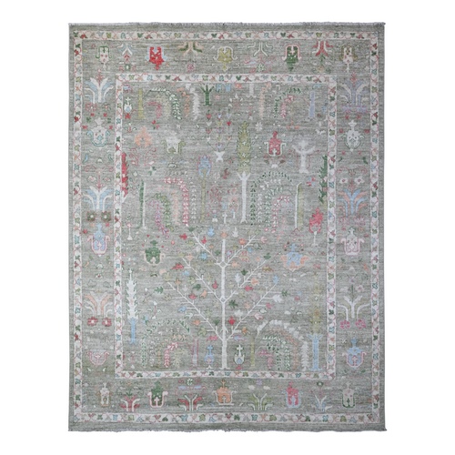 Reseda Green, Natural Dyes, Wool Weft, Hand Knotted, Afghan Angora Oushak, Soft Pile, Tribal Willow And Cypress Design, Oriental Rug