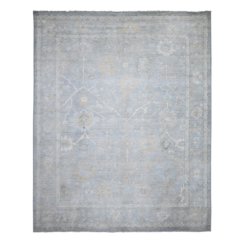 Blue Gray, Hand Knotted With Natural Dyes, Wool Weft, Rural Flower Pattern All Over, Afghan Angora Oushak, Oriental 