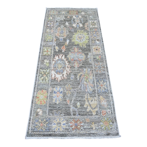 Nevada Gray, Hand Knotted, Wool Weft, Natural Dyes, Afghan Angora Oushak, Colorful Village Flower Elements All Over Design, Runner Oriental 