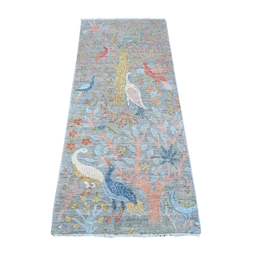 Wales Gray, Hand Knotted, Afghan Peshawar with Birds of Paradise, Vegetable Dyes, Vibrant Wool, Runner Oriental Rug