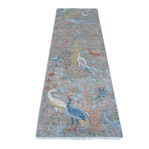 Boothbay Gray, Hand Knotted Natural Wool, Afghan Peshawar with Birds of Paradise, Vegetable Dyes, Runner Oriental Rug