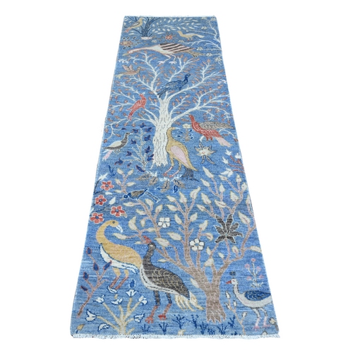 Ultramarine Blue, Afghan Peshawar with Birds of Paradise Vegetable Dyes, Organic Wool Hand Knotted, Runner Oriental Rug