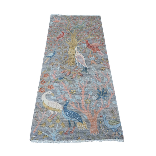 Dolphin Gray, Hand Knotted, Vegetable Dyes, Organic Wool, Afghan Peshawar with Birds of Paradise, Runner Oriental Rug