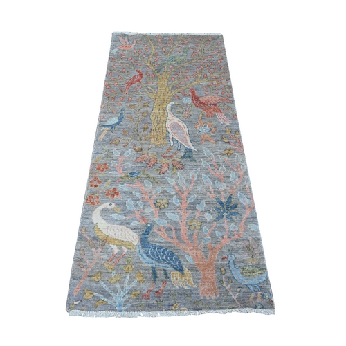 Dolphin Gray, Hand Knotted, Vegetable Dyes, Organic Wool, Afghan Peshawar with Birds of Paradise, Runner Oriental 