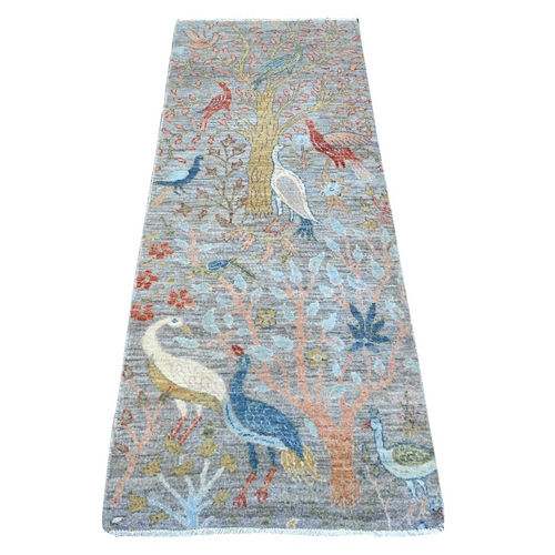 Shark Gray, Vegetable Dyes, Organic Wool, Afghan Peshawar with Birds of Paradise, Hand Knotted, Runner Oriental Rug