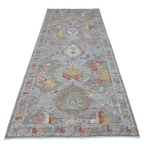 Cloudy Gray, Fine Aryana With All Over Geometric Leaf Design, Vegetable Dyes, Hand Knotted Natural Wool, Peshawar Wide Runner Oriental Rug